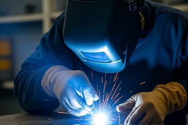 Student practicing advanced welding techniques with safety gear