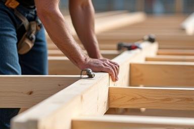 Carpenter assembling a wooden framework on a construction site