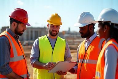 Group of construction workers reviewing safety checklist on site